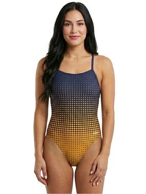 NWT Sporti Navy Gold Polka Dot One Piece Swimsuit Women’s 38 (10-12) Thin Strap